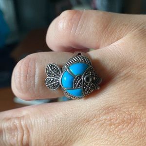 Eclectic Faux Turquoise Silver Fish Ring 🐠